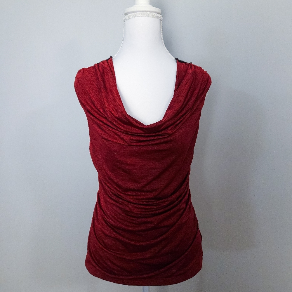 AB Studio S Burgundy Sleeveless Cowl Neck Ruched Blouse Top with Lace Back Small